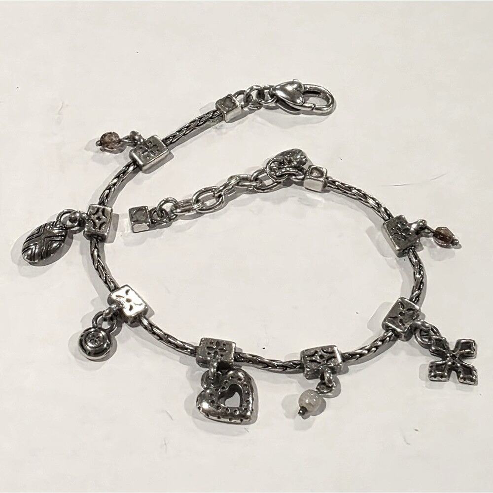 Brighton Amber Heart Retired Vintage Cross Silver Plated Charm Bracelet